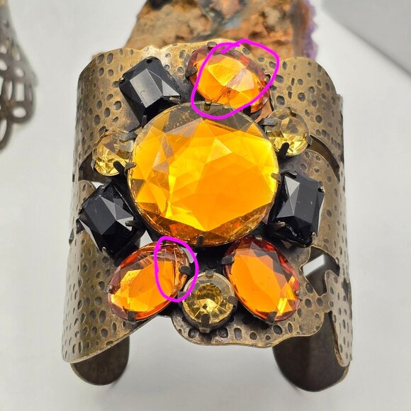 Lot of 4 Statement Cuff Bracelets Brass Glass Beads Openwork & Crystal Designs - Picture 7 of 12